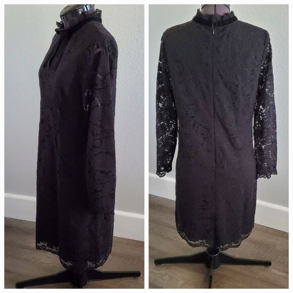 Nanette Lepore Dress Size 8 Black Lace High Neck Bow Romantic 3/4 Sleeve - Picture 3 of 10